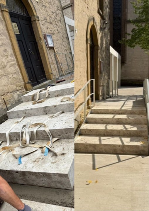 Vorher-Nachher einer Natursteintreppe aus Travertin an einer Kirche in Herford